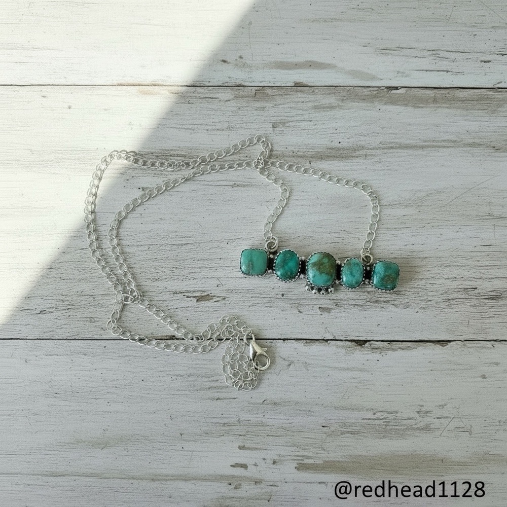 Hand Crafted Turquoise Gemstone Bar Necklace - Silver - Picture 8 of 13